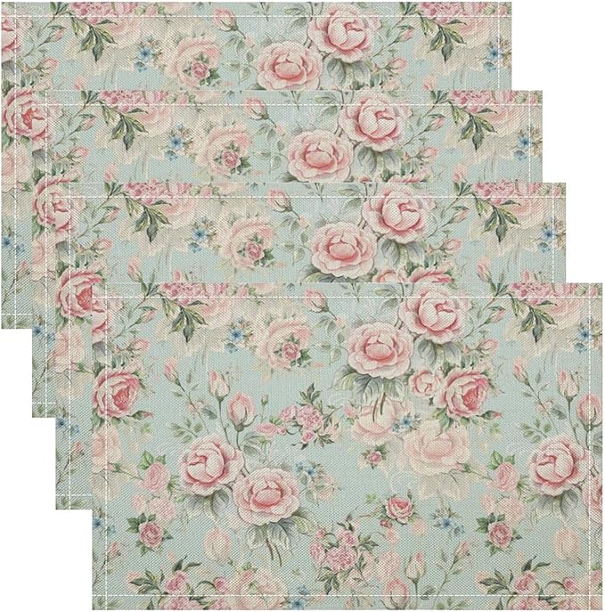 Pink Flowers Placemats Set of 6, 17x12 Inch Rustic Spring Floral Blossom Natural Romantic Table Mats for Home Party Kitchen Dining Decor