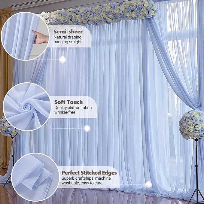 10ft x 10ft Baby Blue Backdrop Curtains, Wrinkle-Free Sheer Chiffon Fabric Photo Backdrop Draping Fabric for Wedding Arch Baby Shower Gender Reveal Photography Decorations