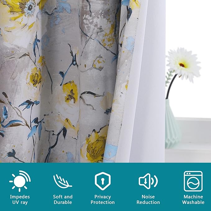 MYSKY HOME Floral Blackout Curtains for Living Room Darkening Thermal Insulated Curtain Vintage Floral Printed, 2 Panels, 52W x 95L Inch, Grey & Yellow