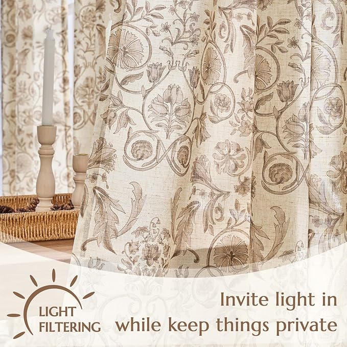jinchan Linen Floral Curtains for Living Room with Printed Flower 84 Inches Long Light Filtering Farmhouse Window Treatment Vintage Drapes Back Tab Rod Pocket 2 Panels Taupe on Beige
