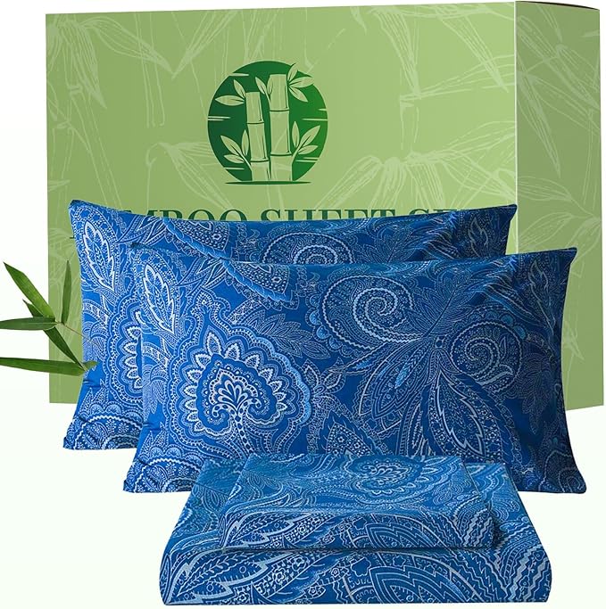 Bedlifes Full Floral 4-Piece Sheet Set - Cooling Sheets Blend Rayon Derived from Bamboo,Soft & Breathable, Deep Pocket 16", Wrinkle Resistant - Paisley Dark Navy Blue
