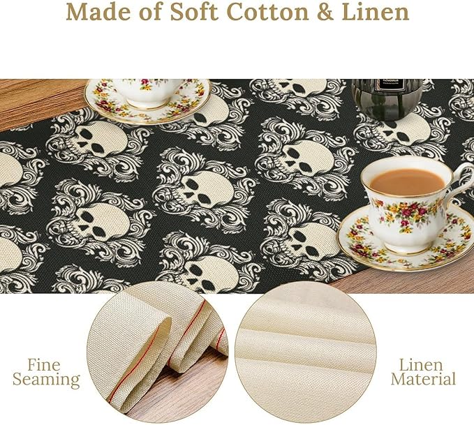 Gothic Table Runner,Dark Skull Pattern Table Runner for Home Kitchen Table Dining Garden Farmhouse Wedding Party Deco 13x108 Inch