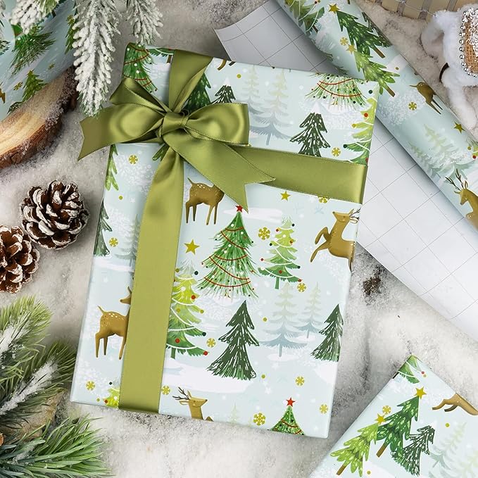 MAYPLUSS Christmas Wrapping Paper - 17 In x 33 Feet - Cute Watercolor Winter Snowy Wonderland Deer and Christmas Tree Print Holiday Gift Wrap Paper for New Year, Xmas Gift Wrap, Party, Nature Lover