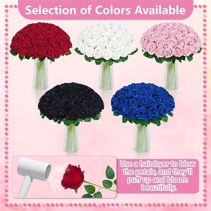 BLEUM CADE 50 Pcs Red Roses Artificial Flowers, Real Touch Velvet Roses Fake Flowers Bulk, Artificial Roses Bouquet with Long Stems Bridal DIY Wedding Party Centerpiece Decorations
