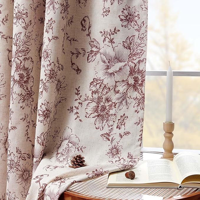 jinchan Blackout Floral Curtains Linen Blend Curtain for Living Room 96 Inch Length Christmas Brick Red Flower Printed Drapes for Bedroom Rod Pocket Back Tab Farmhouse Curtains Set 2 Panels