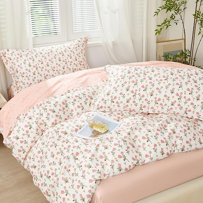 SAPHREAS Pink Flower Duvet Cover Set 2pcs Cotton Garden Style Bellflower Floral Bedding Comforter Cover Set 100% Cotton 1 Duvet Cover 68"x90" 1 Pillow Sham, Comforter Not Included