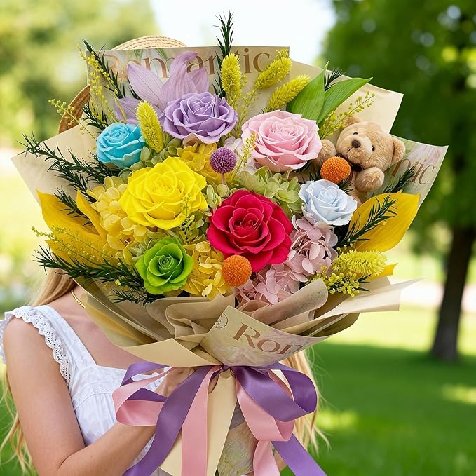 Preserved Bouquet with Bear: Big Flowers Big Love-Romantic Gifts for Her Wife Girlfriend Mom-Flowers for Delivery Prime on Christmas Valentines Day Anniversary Mothers Day (dopamine1)