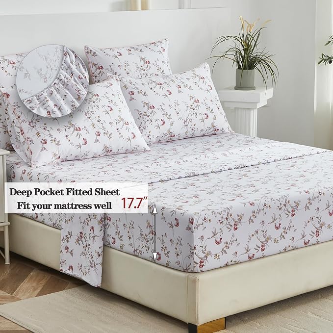 FADFAY Sheets Set Full Rustic Pink Floral Botanical Bedding Set Luxury 100% Egyptian Cotton Bed Sheet Set Soft Breathable for All Season Bedoom Decor with 17.7 Deep Pocket Fitted Sheet, Full Size