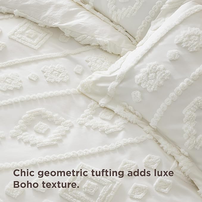 Bedsure Boho Duvet Cover King - White Tufted Boho Bedding, Farmhouse Shabby Chic Embroidery Bedding for All Seasons, 3 Pieces, 1 Soft Jacquard King Comforter Cover and 2 Pillow Shams