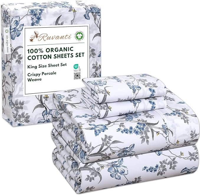 RUVANTI 100% Organic Cotton Sheets King Size, Percale Weave, GOTS Certified, 4-Piece Set, Deep Pocket 15", Crisp & Breathable, Soft Durable Bedding, Sábanas Algodón Orgánico – Deluxe