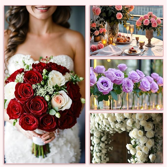 20PCS Artificial Roses with Long Stems - Realistic Silk Flowers, Fake Roses Real Touch Bouquet of Roses for Home Decor, Bridal Wedding Party Table Centerpieces, Bulk Faux Rose Flowers (White Red)