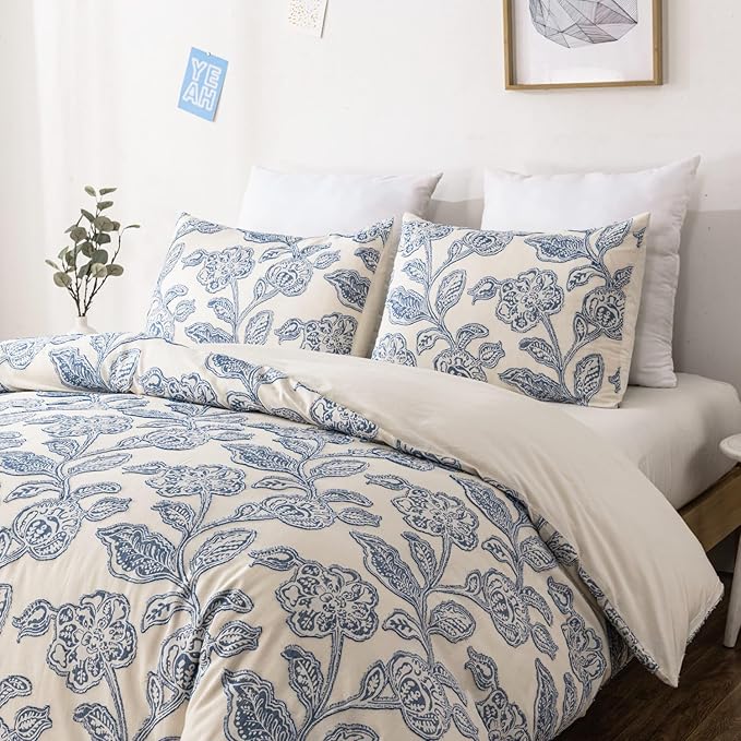 meadow park Floral Cotton Duvet Cover Queen Size Bedding Set Soft Textured Comfy Breathable Jacquard Comforter Duvet Cover with 2 Pillow Shams, Button Closure&Corner Ties, Blue Color