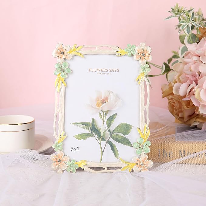4x6 Picture Frame Enamel Floral Design Metal Photo Frame with HD Glass, Tabletop or Wall Home Art Decoration, Creative Gifts Ideas for Flower Lovers, Horizontall & Verticall