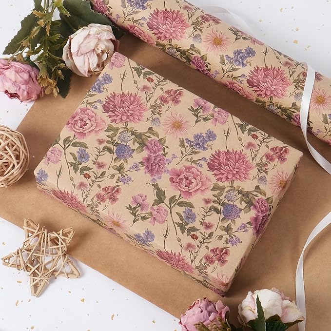 RayofSun Kraft Floral Wrapping Paper Roll 17 in x 16.5 ft Mini Roll Vintage Wildflower Pink Flower Gift Wrap Paper for All Occasion Wedding Birthday Bridal Shower Party Wrapping Supplies