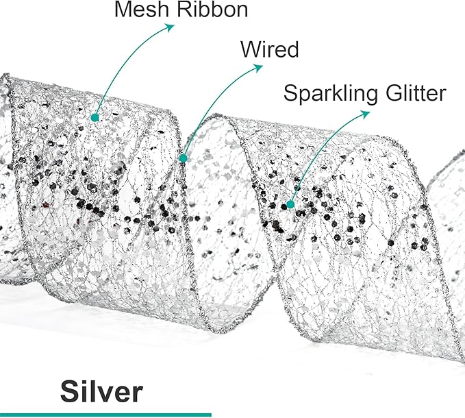 CT CRAFT LLC Sparkling Glitter Mesh Wired Ribbon 2.5" x 10 Yards Silver for Christmas Home Decor Bow Gift Wrapping DIY Crafts Wreath
