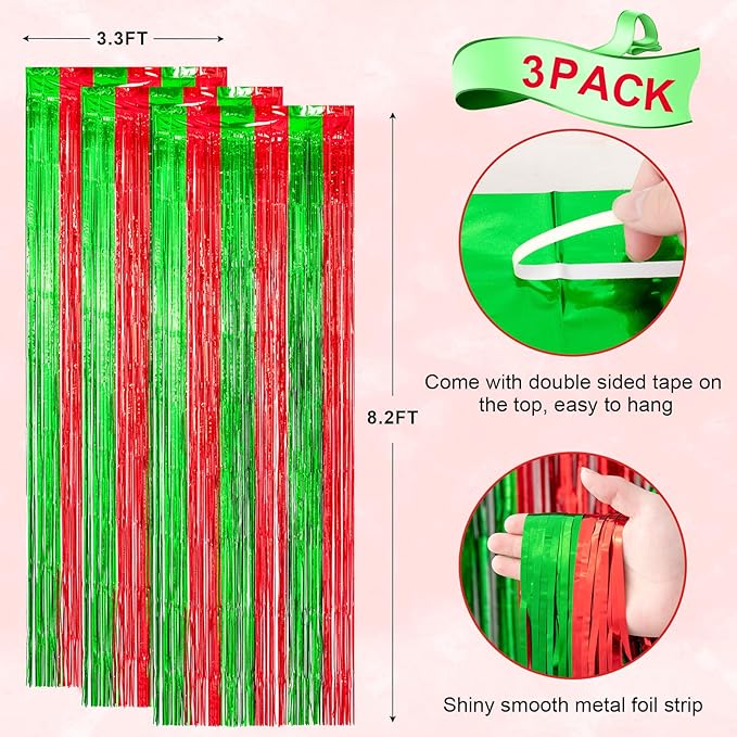 3 Pack 3.3x8.2 Feet Red and Green Foil Fringe Backdrop Curtains, Tinsel Streamers Birthday Party Decorations, Fringe Backdrop for Graduation, Baby Shower, Gender Reveal, Disco Party