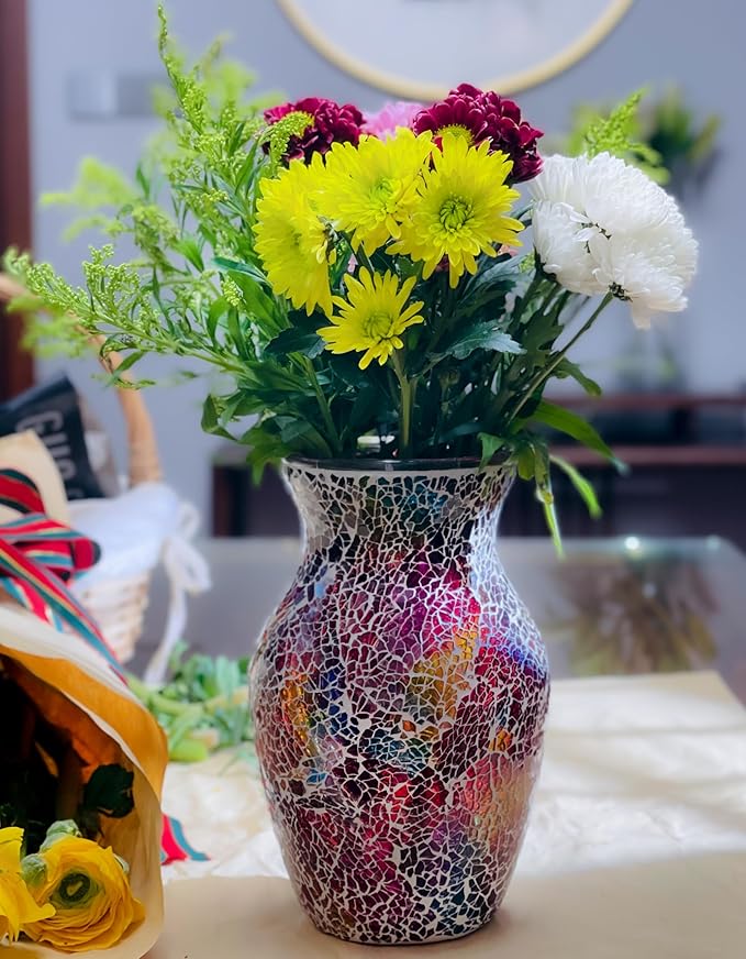 8" H Red Mosaic Glass Vase,Decor Home Modern Midsize Mosaic Flower Vase for Bedroom Livingroom Kitchen Office Wedding,Unique Gift