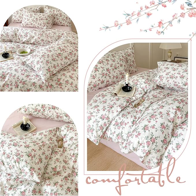 Pink Floral Duvet Cover Queen Soft Cotton Girls Cottagecore Bedding Set Botanical Peach Flower Comforter Cover with Zipper Closure Vintage Country Bedding Aesthetic Duvet Cover with 2 Pillowcases