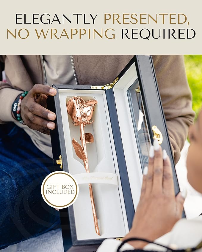 Forever Rose Real Rose Dipped in Rose Gold, Handcrafted Preserved Rose in Luxury Leather Display Case with LED Light, Romantic Gift for Her, Elegant Keepsake for Anniversary, Birthday Special Occasion
