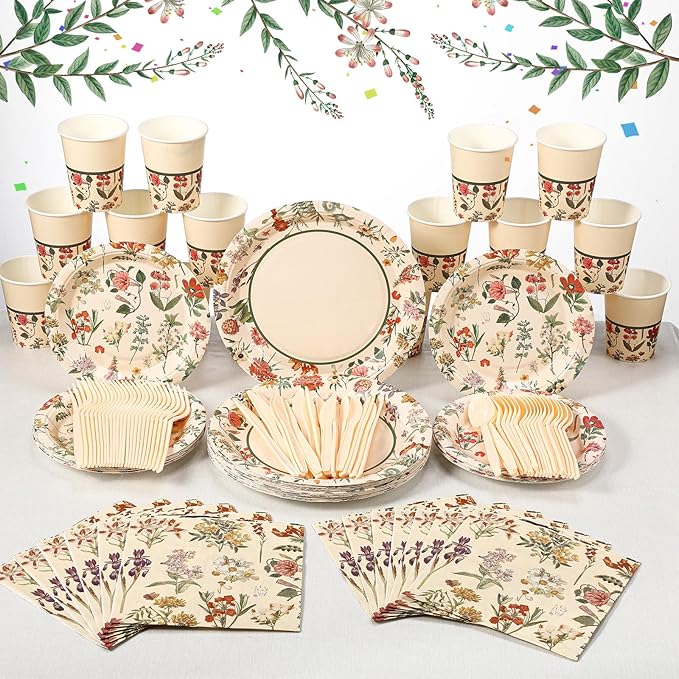Roshtia 25 Set Floral Party Supplies Flower Paper Plates Napkins Tablewares Disposable Flower Dinnerware for Girls Women Floral Birthday Tea Party Decorations Favors