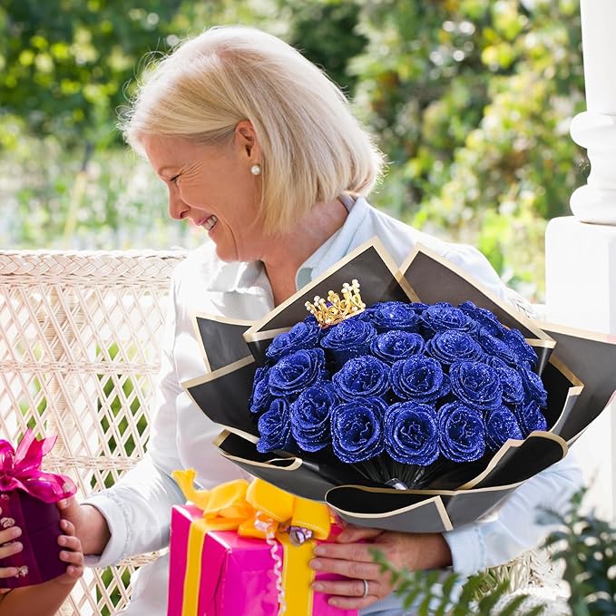 Waipfaru 24 Pcs Glitter Roses Bouquet, DIY Fake Flowers Bouquet, Artificial Blue Rose Bouquet for Valentines, Mothers Day Gifts, Anniversary, Engagement, Wedding