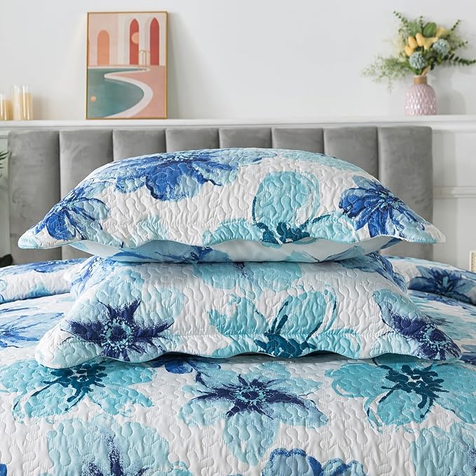 HoneiLife Quilt Sets King Size - 3 Piece Microfiber Quilts Reversible Bedspreads Print Coverlets Floral Bedding Set All Season Bedcover- Splash-Ink Painting,Blue & Cyan