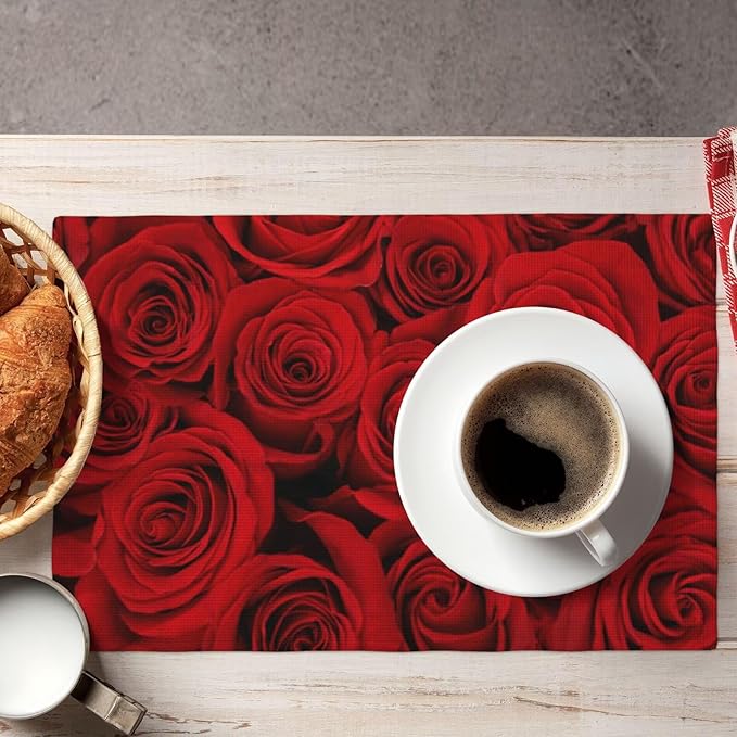 Red Rose Linen Table Placemats Set of 6 Beautiful Red Rose Placemats Home Party Kitchen Indoor Holiday Rustic Washable Heat Resistant Table Mats 12 x 18 Inch