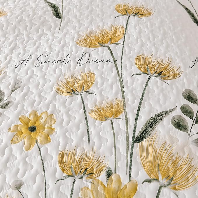Dinjoy Quilt Set King Floral Bedspread Coverlet Yellow Quilts Bedding Microfiber Lightweight Summer Reversible Soft Farmhouse Fall Plant Bed Cover Sets for All Season(110"x90")