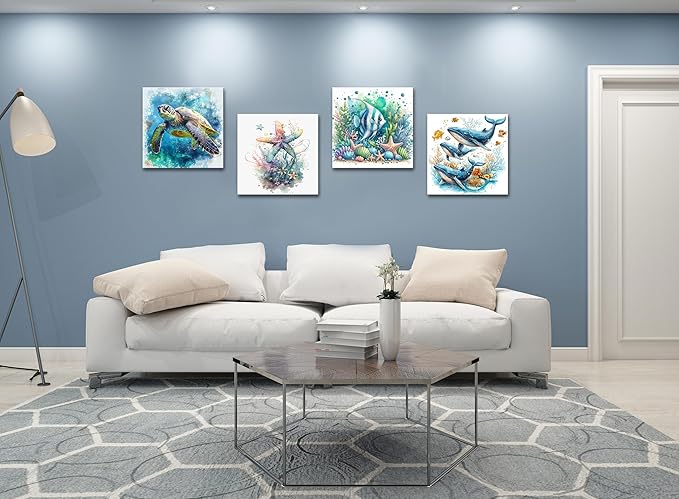 dgbtcart Ocean Wall Art Bathroom Decor – Watercolor Sea Turtle, Starfish Whale Canvas Prints – Coastal Beach Themed 4-Piece Set, 16x16 Modern Nautical Painting for Home, Bedroom, Kids Room