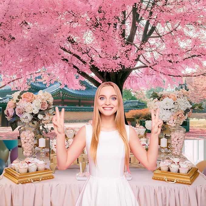 Renaiss 6x4ft Pink Cherry Blossom Backdrop Polyester Fabric Japan Cherry Floral Tree Landscape Palace Asian Themed Party Photography Background Wedding Birthday Party Decor Photo Booth Props