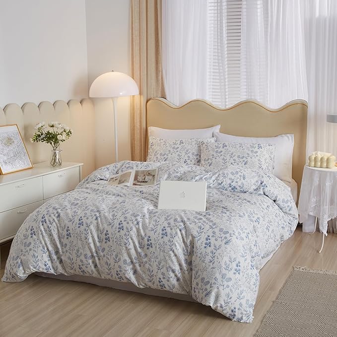 VM VOUGEMARKET 3 Pieces Blue White Duvet Cover Queen Floral Botanical Comforter Cover with Zipper Soft Cotton Cottagecore Bedding Set for Girls Women-90x90 Inch