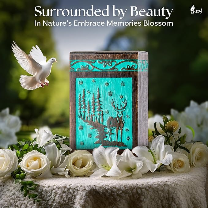 INTAJ Handcarved Rosewood Teal Green Deer Keepsake Urn for Human Ashes - Mini 20 lbs Forest Wooden Cremation Urn Box for Sharing Infant - Decorative Wildlife Memorial Casket Secure