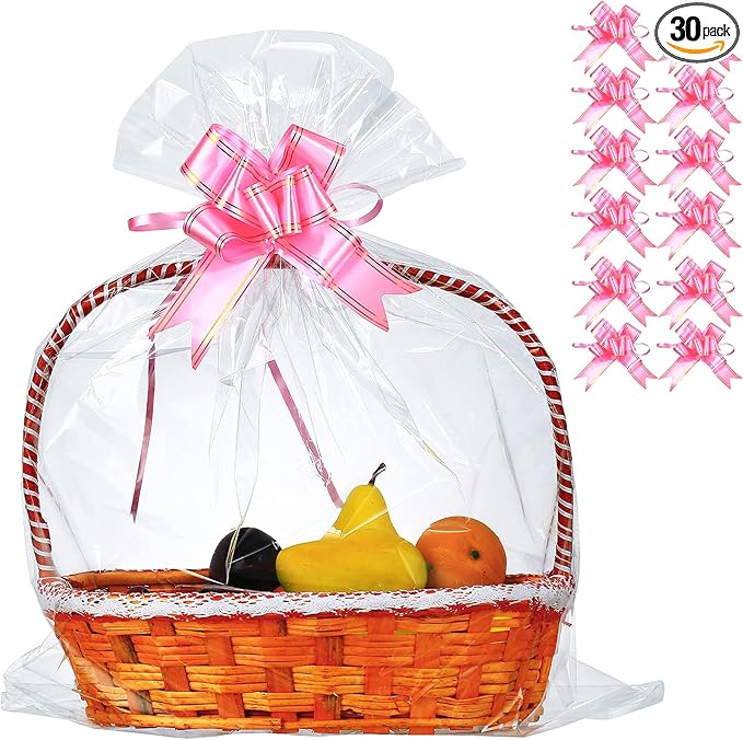 30 Packs 32 x 40 Inches Extra-large Gift Wrap Cellophane Bags for Basket Jumbo Clear Cellophane Wraps Clear Huge Cello Bags for Baskets, Gifts, Christmas Tree, Treat, Art and Craft, 30ct Pink Ribbon Bows