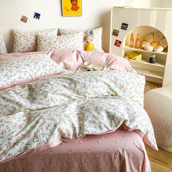 HighBuy White Cotton Floral Duvet Cover Full Girl Pink Floral Bedding Set Garden Style Botanical Coquette Bedding Comforter Cover with Zipper Closure,Cottagecore Duvet Cover Set Full,2 Pillowcases