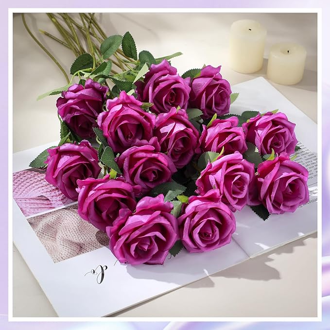 Hotop 40 Pcs Rose Artificial Flowers Bulk with Long Stem,Realistic Silk Fake Roses Bouquet for Home Wedding Centerpieces Party Table Decoration Valentines Gifts(Purple)