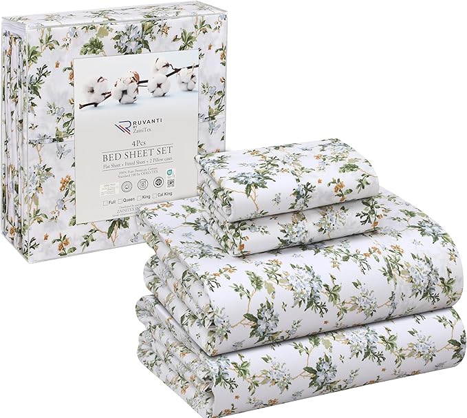 RUVANTI 100% Cotton Sheets Queen Size Set, 4 Pieces, Soft & Breathable Percale Weave Bedding, Deep Pocket 16", Hotel Standard, Crisp Cool Feeling, Durable, Perfect Floral Bed Sheet, Heritage