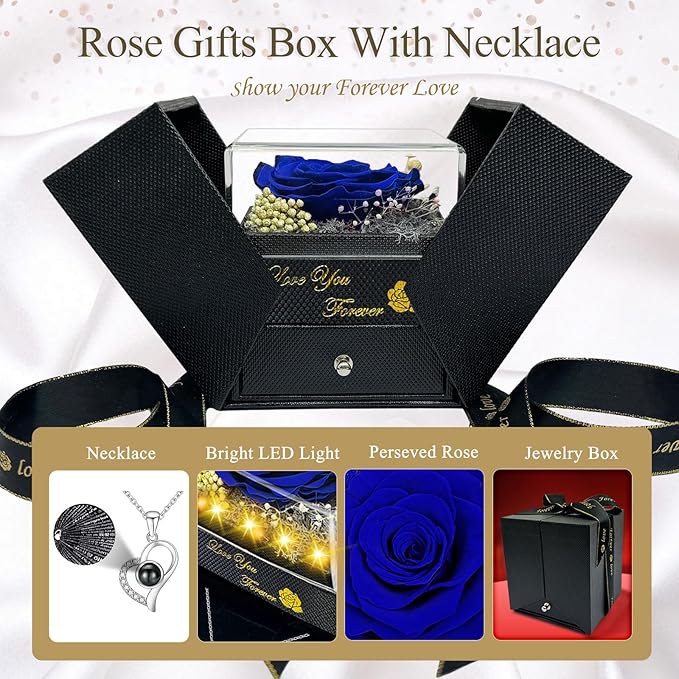 Preserved Real Rose-Eternal Flowers Blue Rose Gifts for Women Her Mom Wife Girlfriend on Valentines Mothers Day with I Love You Necklace 100 Languages Engraved Acrylic Block Puzzle Piece