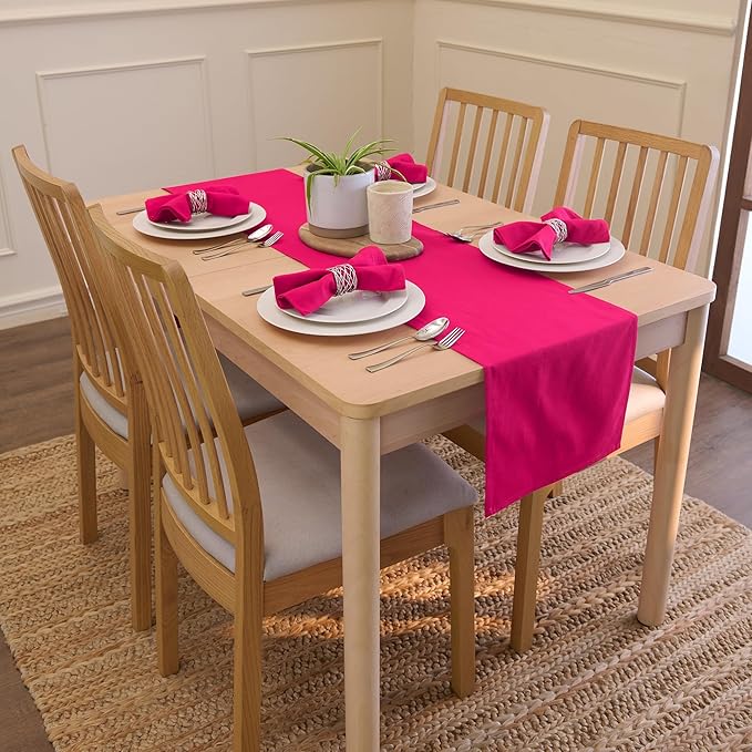 Encasa XO Table Runner 13"x59" Long | Cotton Canvas Fabric | Hot Pink Solid Color | Machine Washable & Durable
