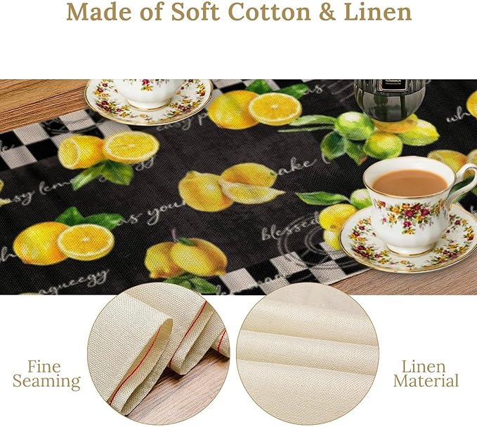 Lemon Table Runner , Summer Yellow Fruits Green Leaves Kitchen Dinning Table Decoration for Indoor Outdoor Home Party Decor 13x108 Inch