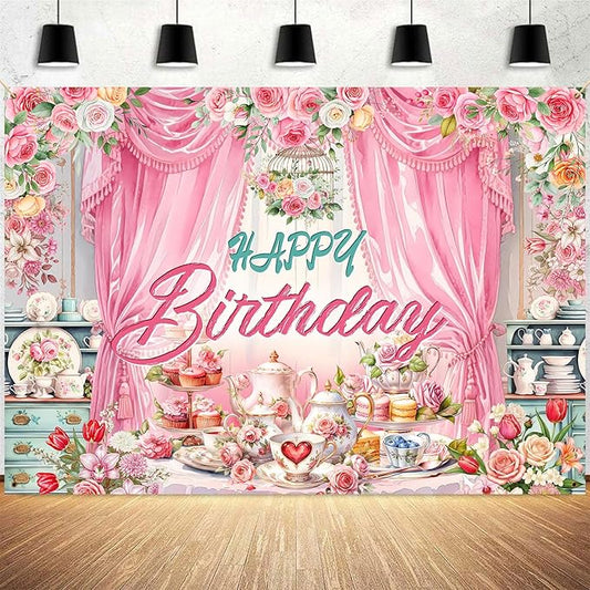 Tea Party Backdrop Let's Partea Happy Birthday Photography Background Wonderland Pink Rose Floral Teapot Women Tea Party Decor Banner Portrait Photo Booth Studio Props 10x7ft FU085YL