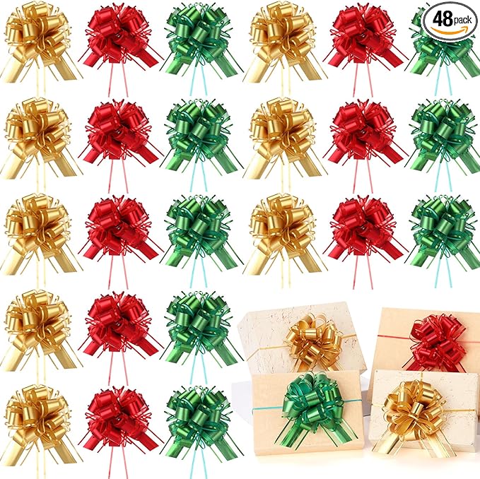 48 Pcs Christmas Large Pull Bows for Gift Wrapping 6 Inch Colorful Ribbon Pull Bows for Presents Boxes Basket Gifts Wrapping Xmas Birthday Wedding Holiday Party Decoration(Gold Red Green)