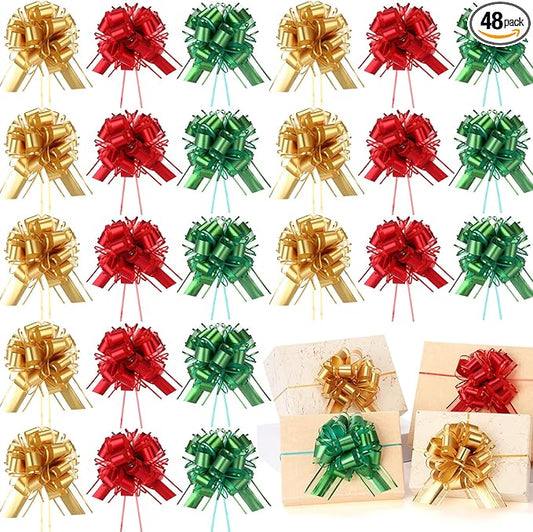 48 Pcs Christmas Large Pull Bows for Gift Wrapping 6 Inch Colorful Ribbon Pull Bows for Presents Boxes Basket Gifts Wrapping Xmas Birthday Wedding Holiday Party Decoration(Gold Red Green)