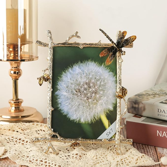 5x7 Picture Frame Dragonfly Ornament Gifts for Women Men Vintage Decor Ornate Antique Photo Frame with Glass Front Metal Brass Art Table Top Decor for Birthday