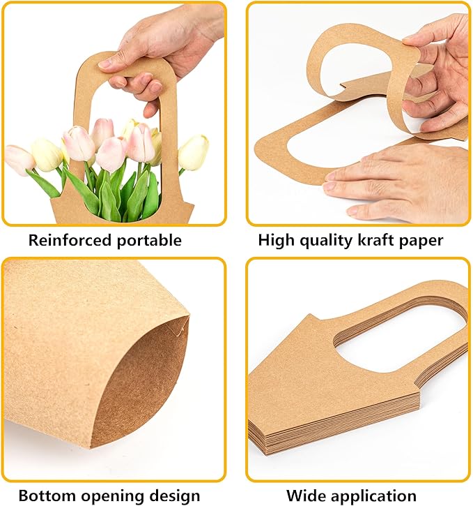 Lesnala 16Pcs Kraft Paper Flower Gift Bags with Handle Cone Shaped Bouquet Basket for Wedding Birthday Valentines Day Bar Shop Wrapping Supplies
