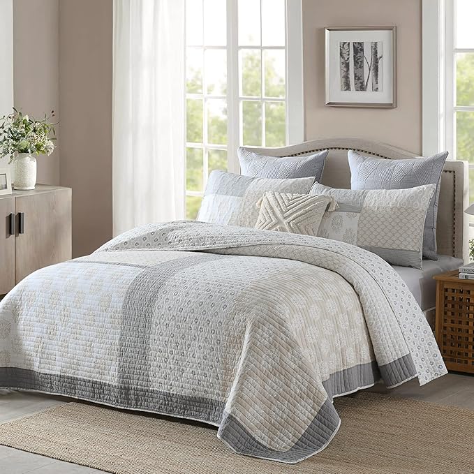 PANGUSHAN Quilt Set King Size, 100% Cotton Bedspread Quilt Bedding Set, Floral Patchwork Quilt Set for King Bed, Moonbeam Bed Spread, Lightweight Comforter Reversible Quilt, All Season, 3 Pieces