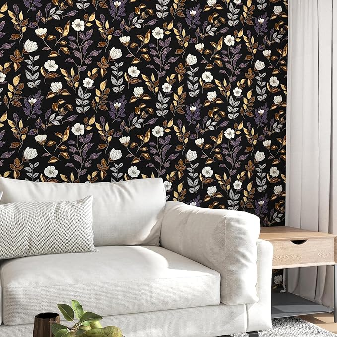 Dark Floral Wallpaper Peel and Stick Vintage Gold Leaf Contact Paper Black Floral Wallpaper Waterproof Self-Adhesive Wall Covering for Bedroom Countertop Desk Cabinets 17.4" x 393"