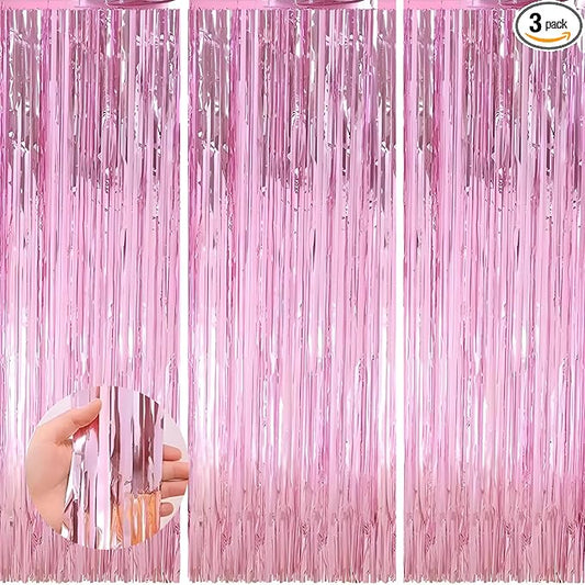 Keyali 3 Pack 3.3 * 8.3 ft Foil Curtain Metallic Tinsel Fringe Curtains Photo Booth Props Backdrop for Birthday Wedding Engagement Baby Shower Christmas Holiday Celebration Partyl,Pink
