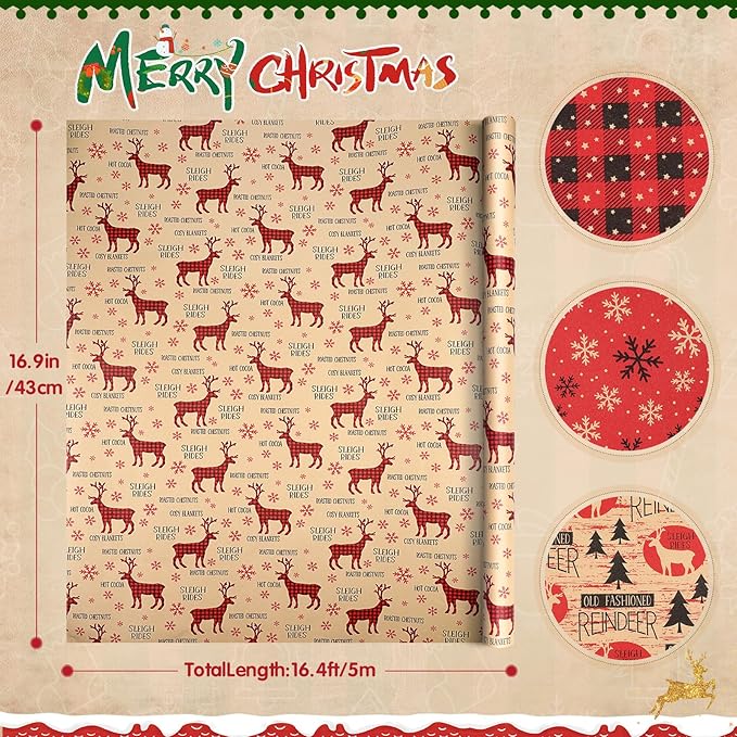 Anvure Christmas Wrapping Paper (4 Rolls: 93 sq. ft total) 17 Inch*16.4 Feet Per Rolls, Xmas Kraft Set Designs with Plaid, Reindeer, Tree, Snowflake & Star Patterns Holiday Wrap for Gift
