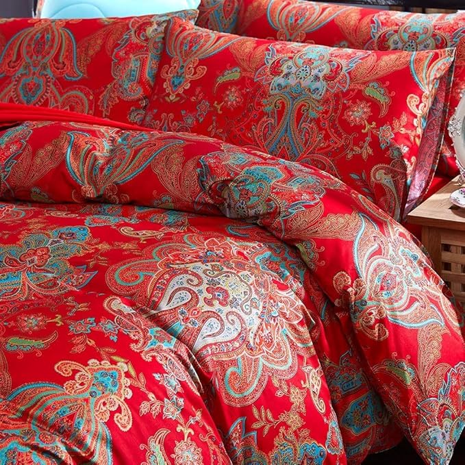 Floral Red Duvet Cover Queen Percale Long Staple Cotton Floral Comforter Cover Vintage Boho Paisley Duvet Cover Luxury Soft Jacquard Flower Bedding Set Farmhouse Floral Duvet Cover with 2 Pillowcases