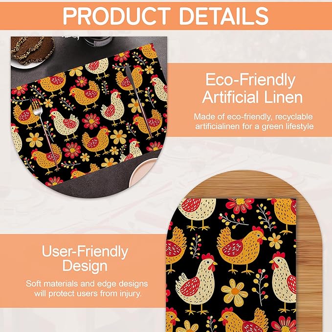 Cute Roosters Placemat Set of 6,Flower Heat Resistant Linen Table Mats for Indoor Outdoor Home Kitchen Dining Room Table 12x18Inch